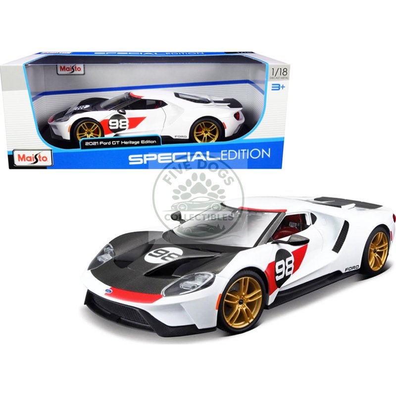 2021 ford gt #98 white "heritage edition" 1/18 diecast model car by maisto