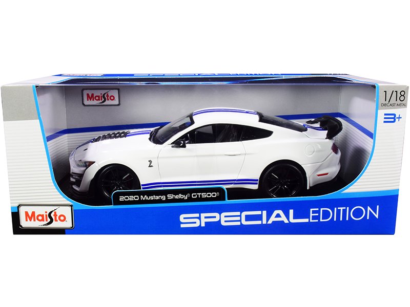2020 ford mustang shelby gt500 white with blue stripes "special edition" 1/18 diecast model car by maisto 2020 ford mustang shelby gt500 white with blue stripes "special edition" 1/18 diecast model car by maisto