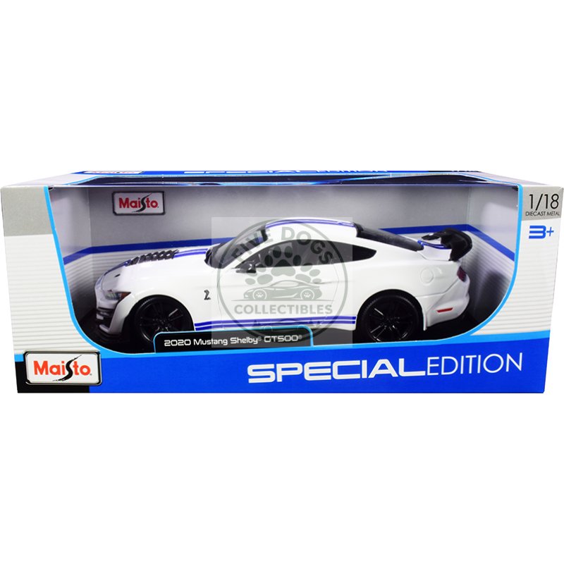 2020 ford mustang shelby gt500 white with blue stripes "special edition" 1/18 diecast model car by maisto
