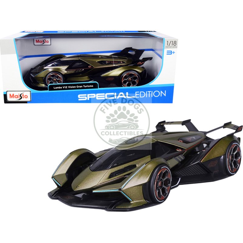 lamborghini v12 vision gran turismo matt green metallic 1/18 diecast model car by maisto