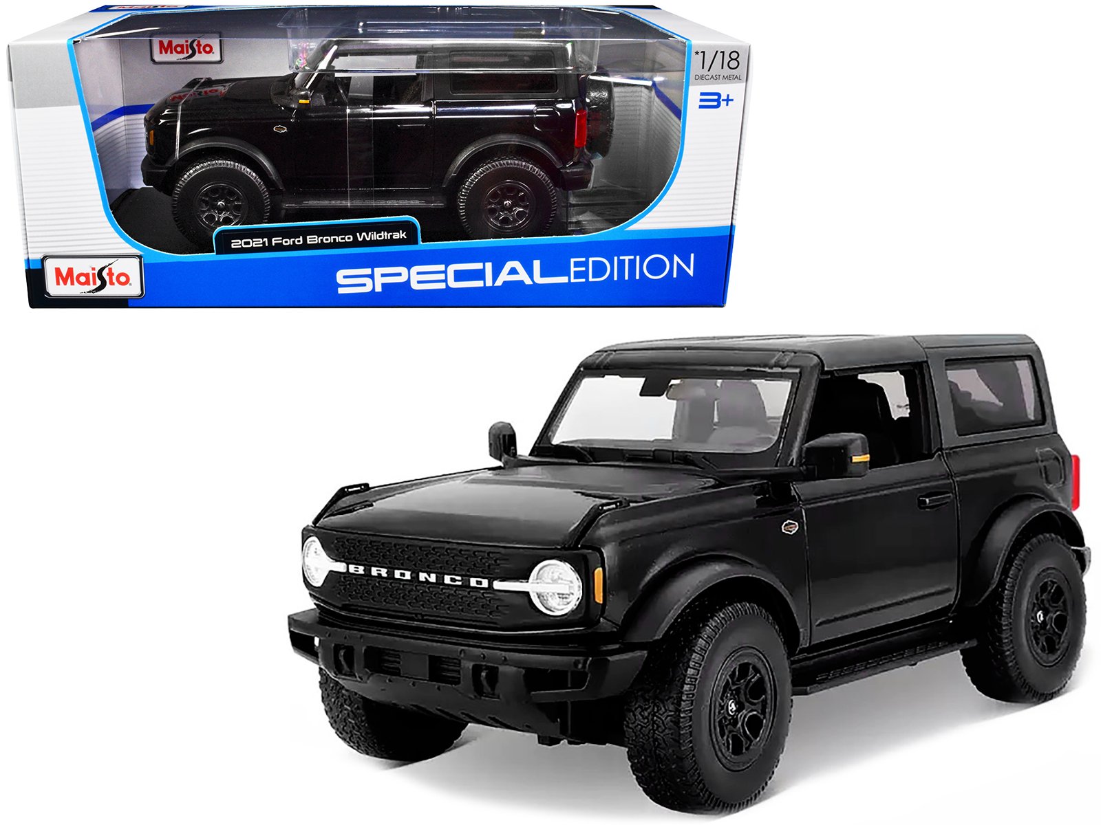 2021 ford bronco wildtrak black metallic with dark gray top "special edition" 1/18 diecast model car by maisto 2021 ford bronco wildtrak black metallic with dark gray top "special edition" 1/18 diecast model car by maisto