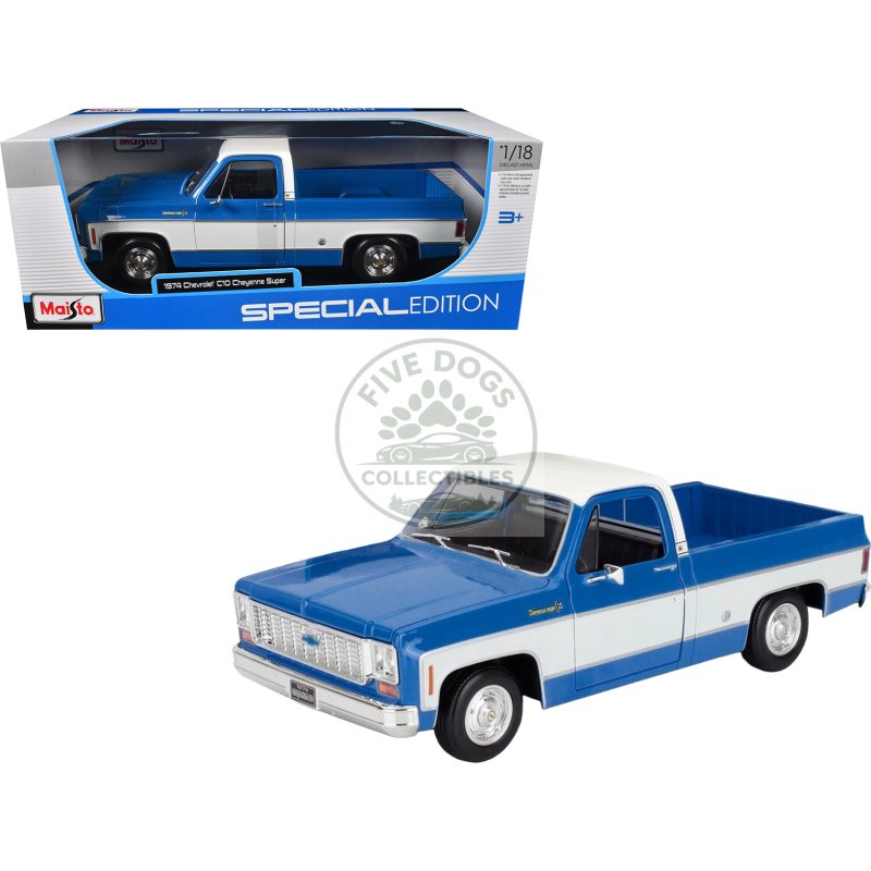 1974 chevrolet c10 cheyenne super pickup truck blue and white "special edition" series 1/18 diecast model car by maisto