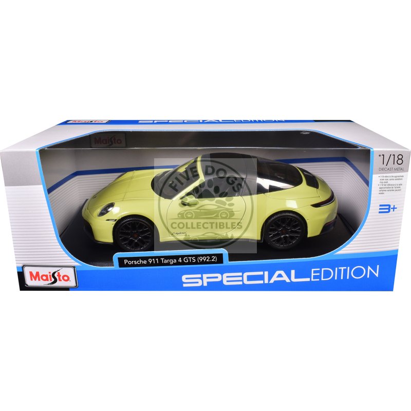 porsche 911 targa 4 gts (992.2) yellow with black top "special edition" series 1/18 diecast model car by maisto