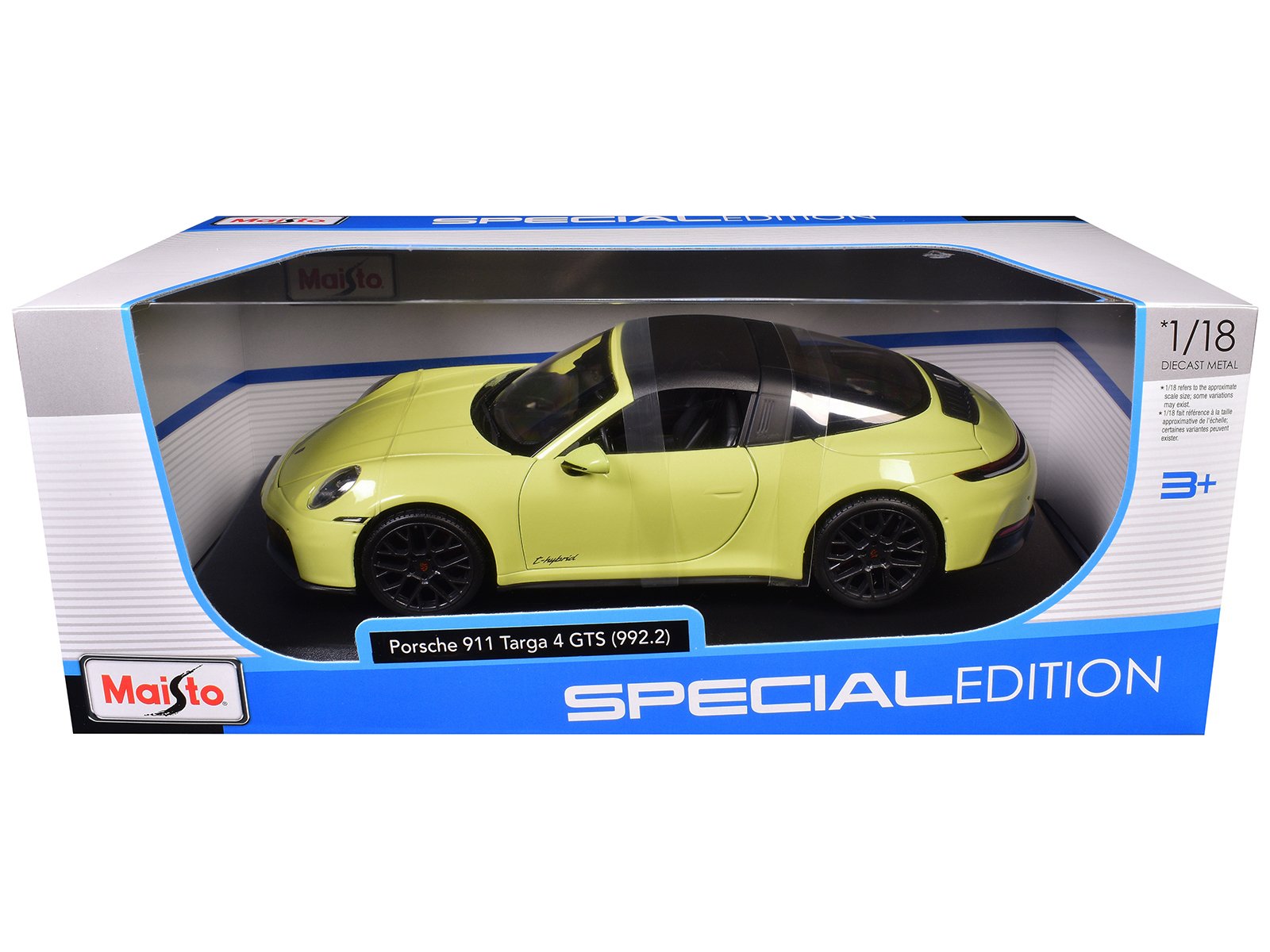 porsche 911 targa 4 gts (992.2) yellow with black top "special edition" series 1/18 diecast model car by maisto porsche 911 targa 4 gts (992.2) yellow with black top "special edition" series 1/18 diecast model car by maisto