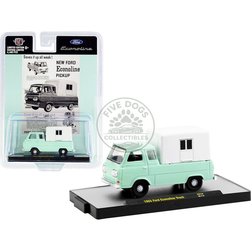 1965 ford econoline pickup truck with camper shell mint green and white limited edition to 4400 pieces worldwide 1/64 diecast model car by m2 machines