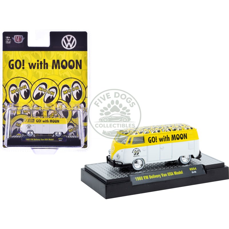 1960 volkswagen delivery van usa model "mooneyes" white and yellow with top graphics and white interior limited edition to 5236 pieces worldwide 1/64 diecast model car by m2 machines