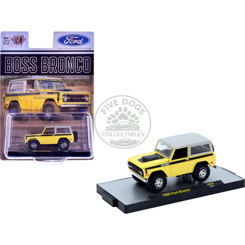 1969 ford bronco yellow with black stripes and gray top limited edition to 6380 pieces worldwide 1/64 diecast model car by m2 machines