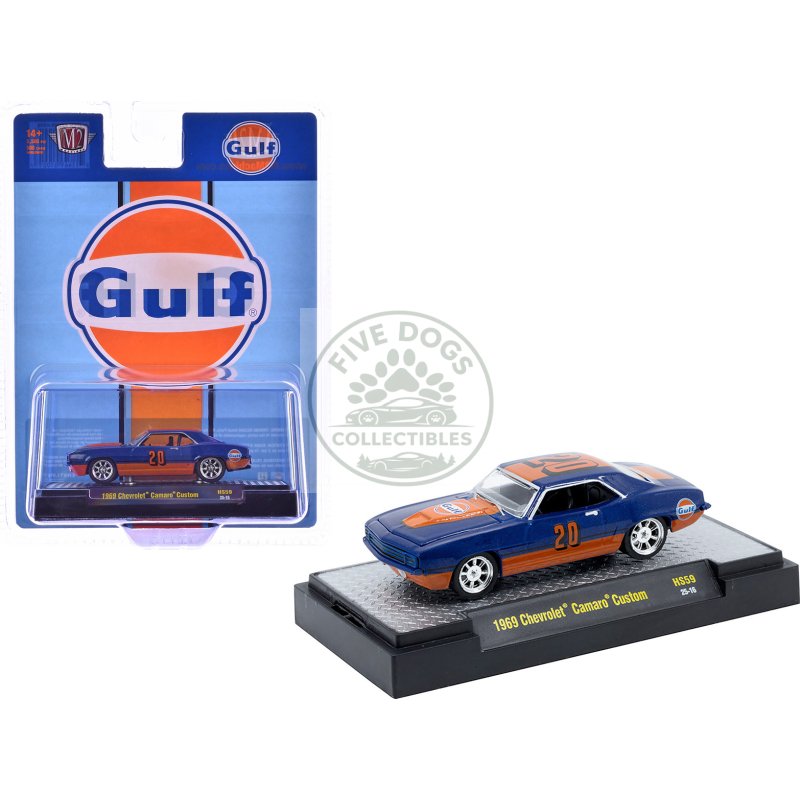 1969 chevrolet camaro custom #20 "gulf oil" dark blue and orange limited edition to 5500 pieces worldwide 1/64 diecast model car by m2 machines