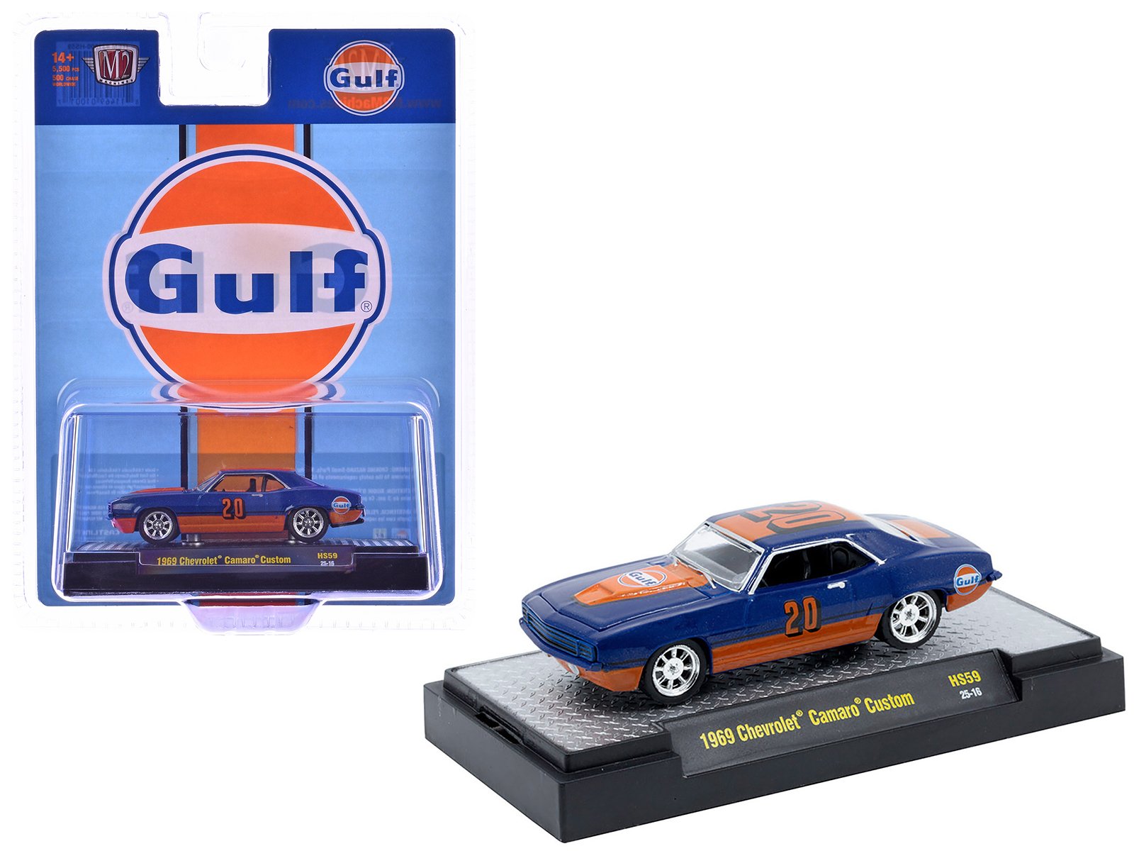 1969 chevrolet camaro custom #20 "gulf oil" dark blue and orange limited edition to 5500 pieces worldwide 1/64 diecast model car by m2 machines 1969 chevrolet camaro custom #20 "gulf oil" dark blue and orange limited edition to 5500 pieces worldwide 1/64 diecast model car by m2 machines
