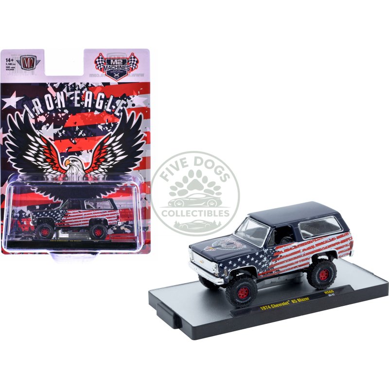 1974 chevrolet k5 blazer "iron eagle" dark blue with american flag graphics limited edition to 5500 pieces worldwide 1/64 diecast model car by m2 machines