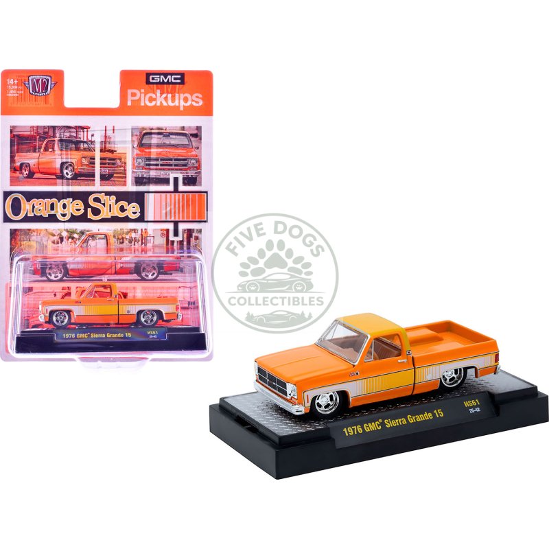 1976 gmc sierra grande 15 pickup truck orange and white with orange interior limited edition to 15994 pieces worldwide 1/64 diecast model car by m2 machines