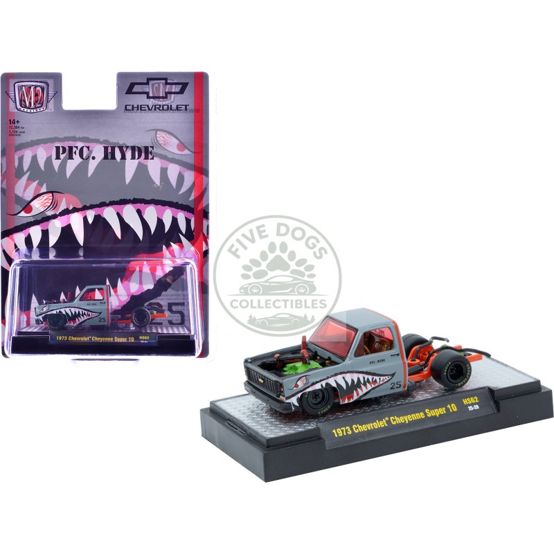 1973 chevrolet cheyenne super 10 bedless truck "pfc. hyde" gray with shark mouth graphics "lowriders" limited edition to 12364 pieces worldwide 1/64 diecast model car by m2 machines
