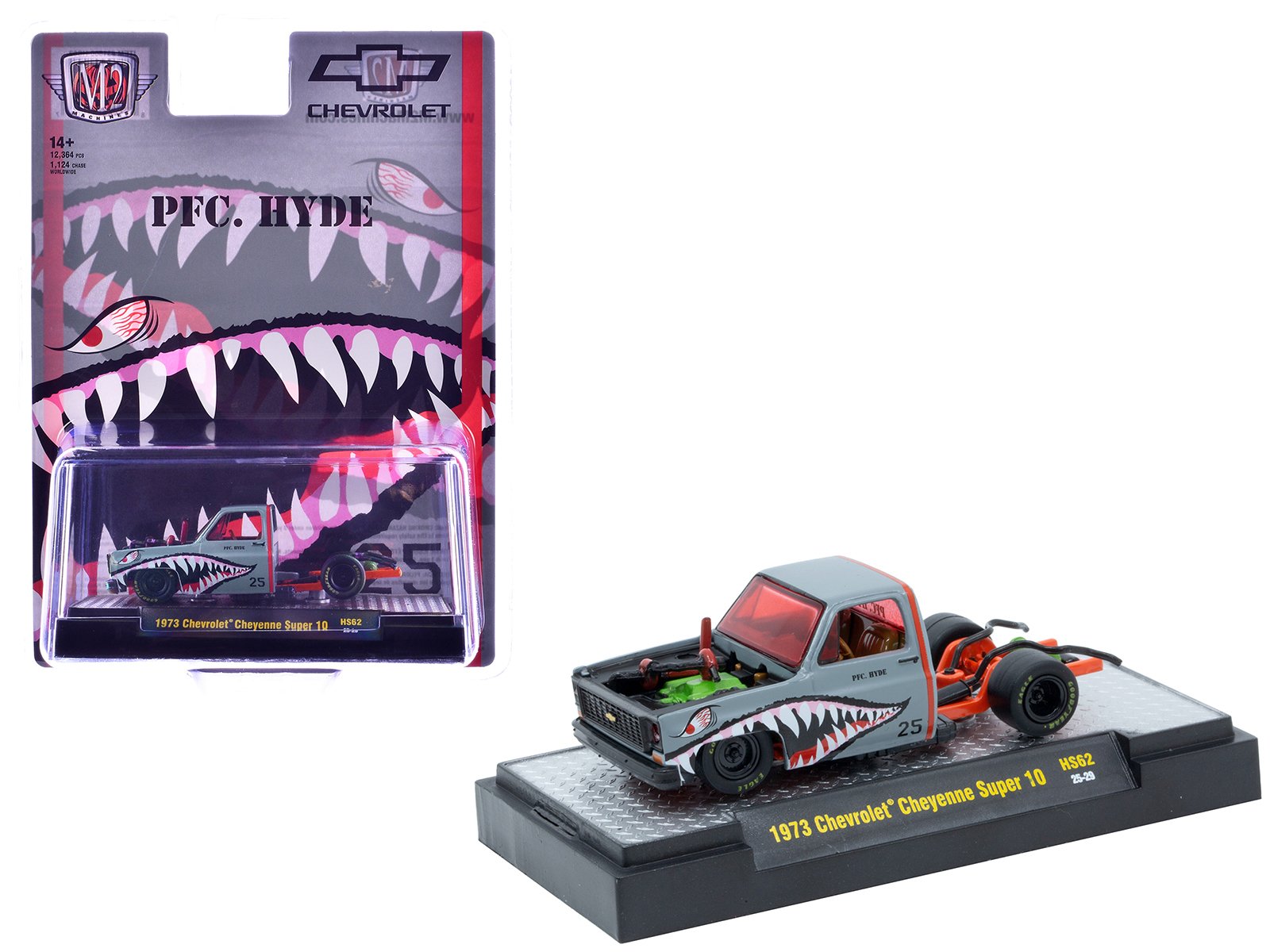 1973 chevrolet cheyenne super 10 bedless truck "pfc. hyde" gray with shark mouth graphics "lowriders" limited edition to 12364 pieces worldwide 1/64 diecast model car by m2 machines 1973 chevrolet cheyenne super 10 bedless truck "pfc. hyde" gray with shark mouth graphics "lowriders" limited edition to 12364 pieces worldwide 1/64 diecast model car by m2 machines