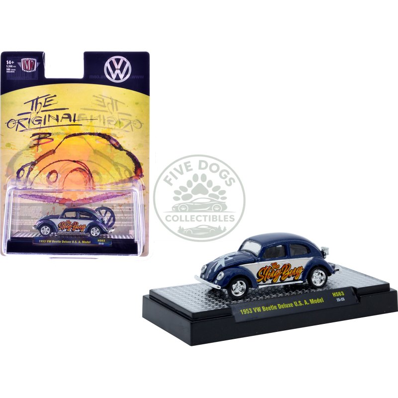 1953 volkswagen beetle deluxe usa model "the slug bug" blue metallic with white sides limited edition to 5566 pieces worldwide 1/64 diecast model car by m2 machines