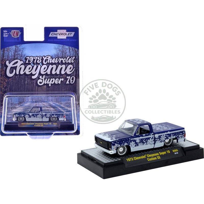1973 chevrolet cheyenne super 10 pickup truck "merry christmas happy new year" blue metallic with white snow graphics limited edition to 10428 pieces worldwide 1/64 diecast model car by m2 machines