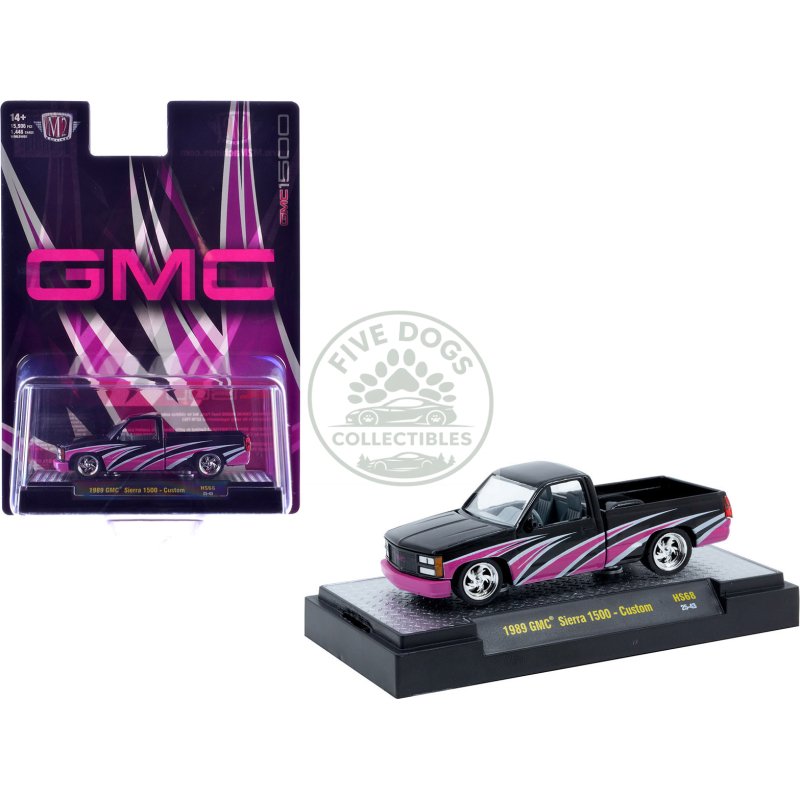 1989 gmc sierra 1500 custom pickup truck black with pink and white graphics limited edition to 15906 pieces worldwide 1/64 diecast model car by m2 machines