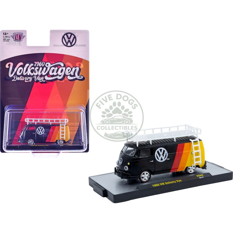 1960 volkswagen delivery van black with stripes and white roof rack limited edition to 5280 pieces worldwide 1/64 diecast model car by m2 machines
