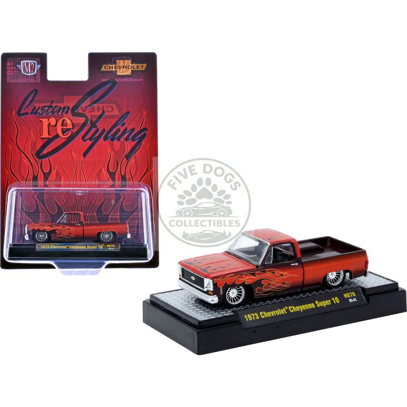 1973 chevrolet cheyenne super 10 pickup truck "custom re styling" red with flame graphics limited edition to 14498 pieces worldwide 1/64 diecast model car by m2 machines