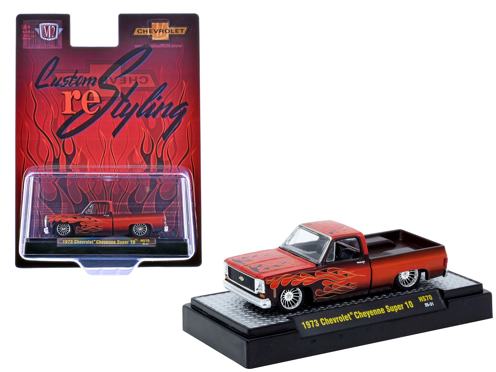 1973 chevrolet cheyenne super 10 pickup truck "custom re styling" red with flame graphics limited edition to 14498 pieces worldwide 1/64 diecast model car by m2 machines 1973 chevrolet cheyenne super 10 pickup truck "custom re styling" red with flame graphics limited edition to 14498 pieces worldwide 1/64 diecast model car by m2 machines