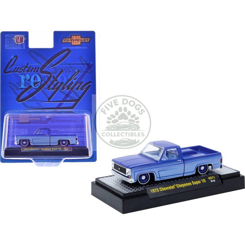 1973 chevrolet cheyenne super 10 pickup truck "custom re styling" blue and light blue two tone with blue interior limited edition to 14058 pieces worldwide 1/64 diecast model car by m2 machines