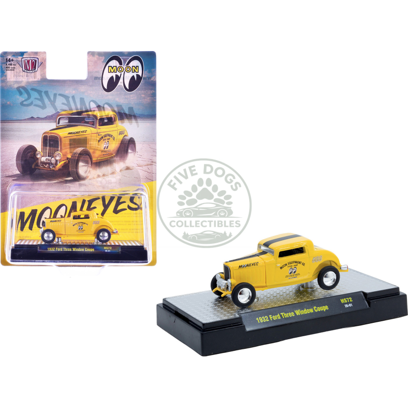 1932 ford three window coupe "mooneyes" yellow with black stripe limited edition to 4400 pieces worldwide 1/64 diecast model car by m2 machines