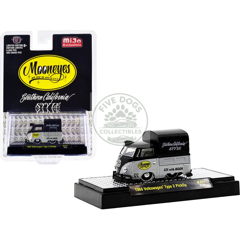1960 volkswagen type 2 pickup truck with canvas cover "mooneyes southern california style" black and gray limited edition to 6050 pieces worldwide 1/64 diecast model car by m2 machines