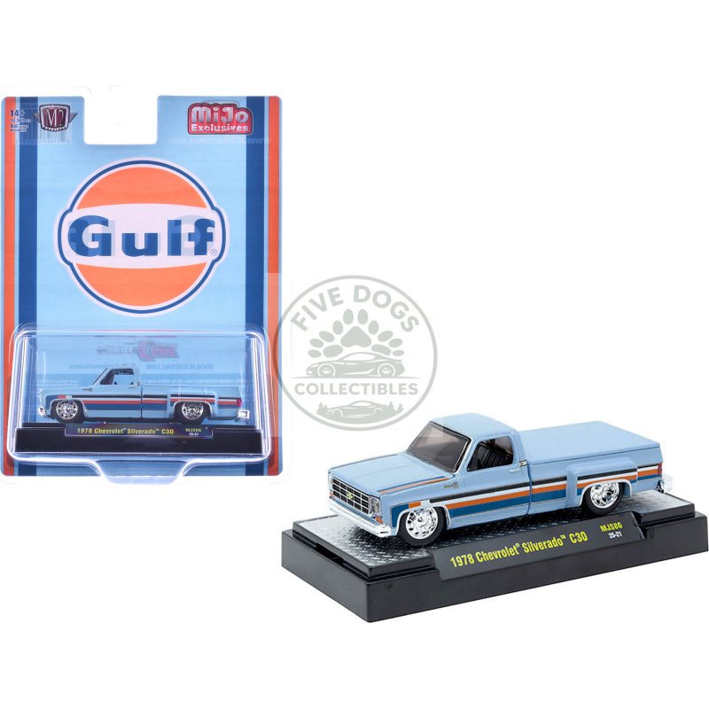 1978 chevrolet silverado 30 pickup truck "gulf oil" light blue with stripes limited edition to 10560 pieces worldwide 1/64 diecast model car by m2 machines