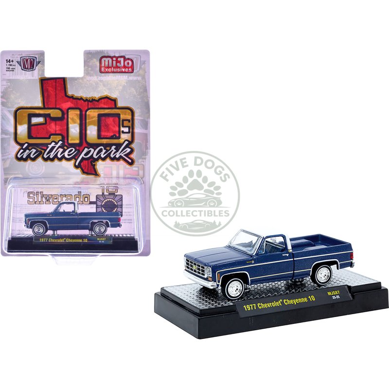 1977 chevrolet cheyenne 10 pickup truck blue metallic with white top and blue interior limited edition to 7700 pieces worldwide 1/64 diecast model car by m2 machines