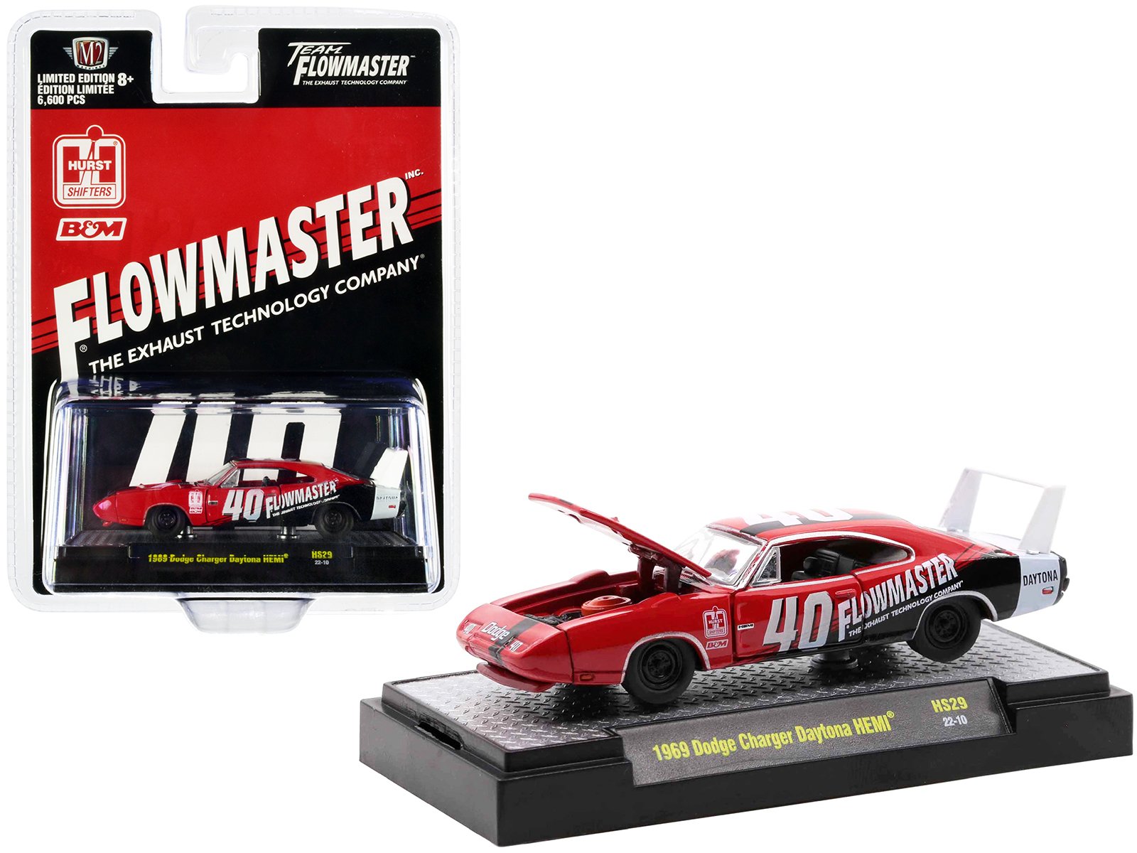 1969 dodge charger daytona hemi #40 red with graphics "flowmaster" limited edition to 6600 pieces worldwide 1/64 diecast model car by m2 machines 1969 dodge charger daytona hemi #40 red with graphics "flowmaster" limited edition to 6600 pieces worldwide 1/64 diecast model car by m2 machines