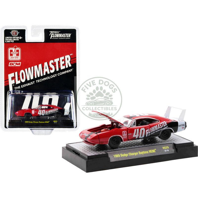 1969 dodge charger daytona hemi #40 red with graphics "flowmaster" limited edition to 6600 pieces worldwide 1/64 diecast model car by m2 machines