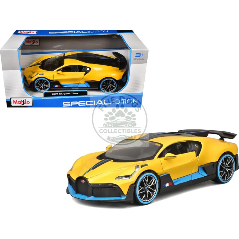 bugatti divo yellow metallic with carbon and blue accents "special edition" 1/24 diecast model car by maisto