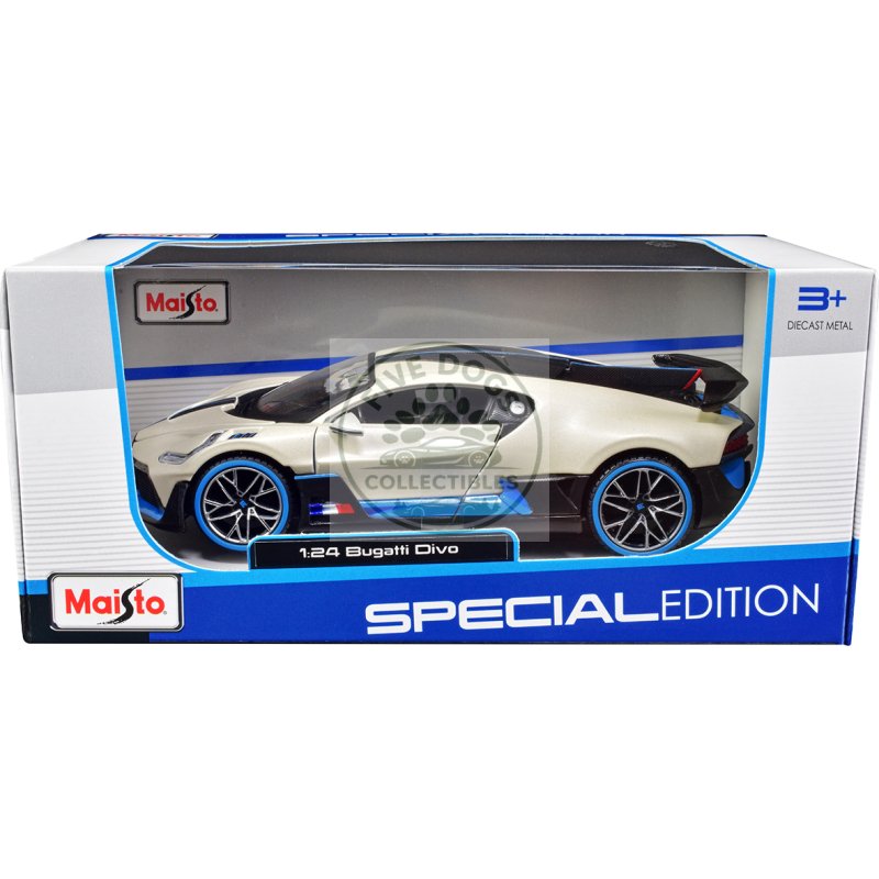 bugatti divo satin white metallic with carbon and blue accents "special edition" 1/24 diecast model car by maisto