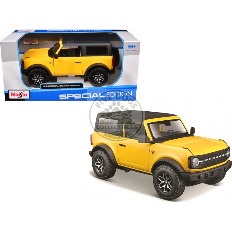 2021 ford bronco badlands yellow with black top "special edition" 1/24 diecast model car by maisto