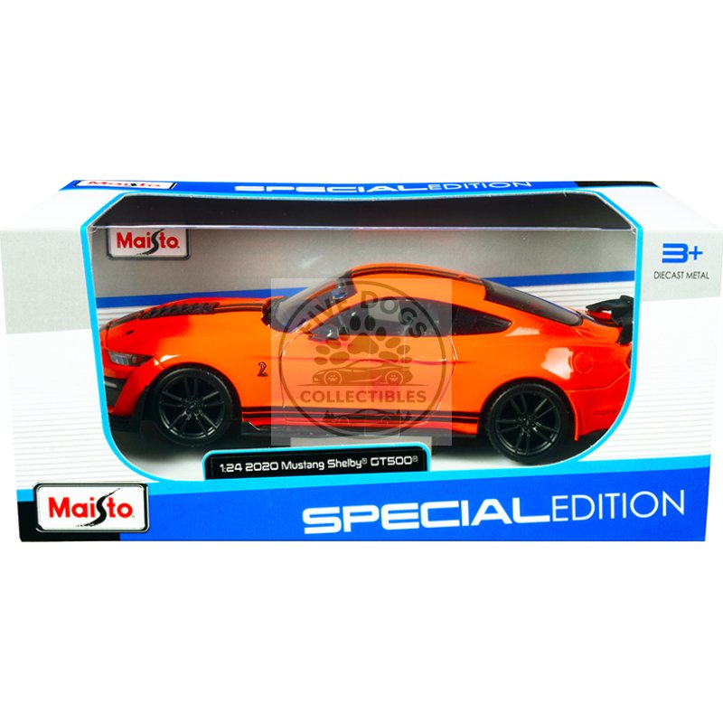 2020 ford mustang shelby gt500 bright orange with black stripes 1/24 diecast model car by maisto