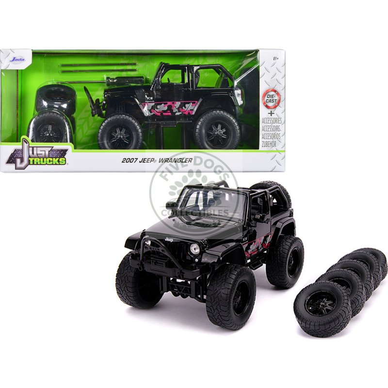 2007 jeep wrangler black with extra wheels "just trucks" series 1/24 diecast model car by jada