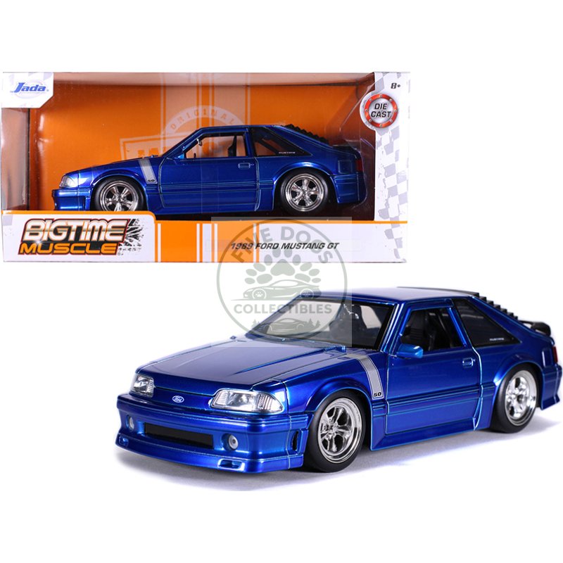 1989 ford mustang gt 5.0 candy blue with silver stripes "bigtime muscle" 1/24 diecast model car by jada