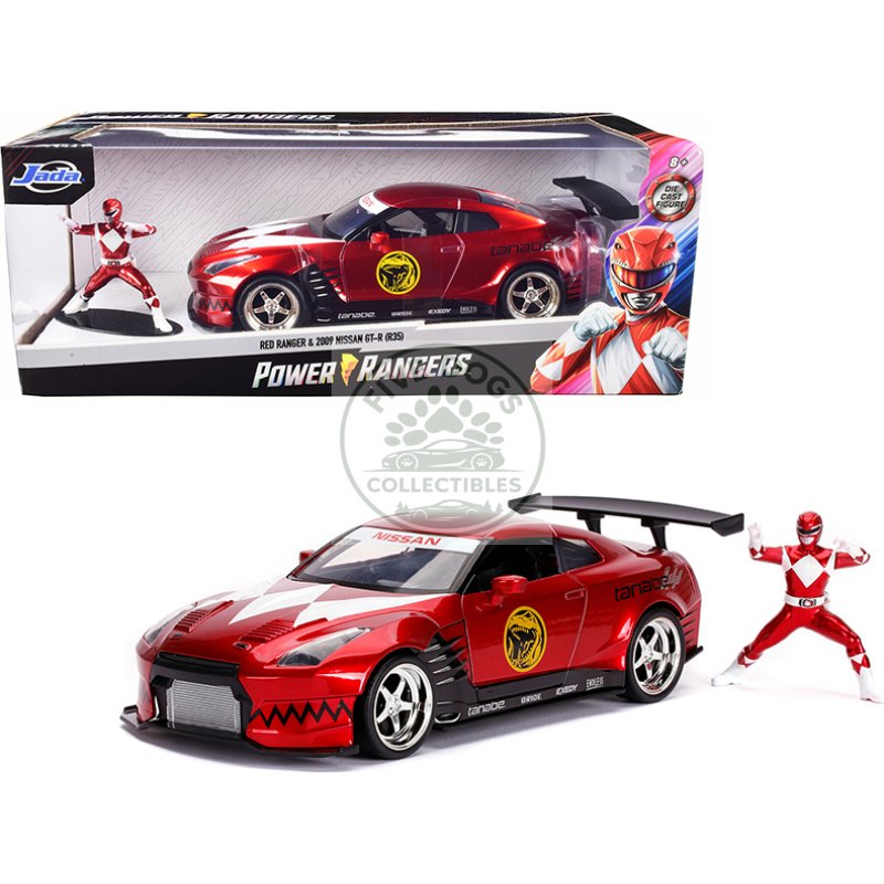 2009 nissan gt r (r35) candy red and red ranger diecast figurine "power rangers" 1/24 diecast model car by jada