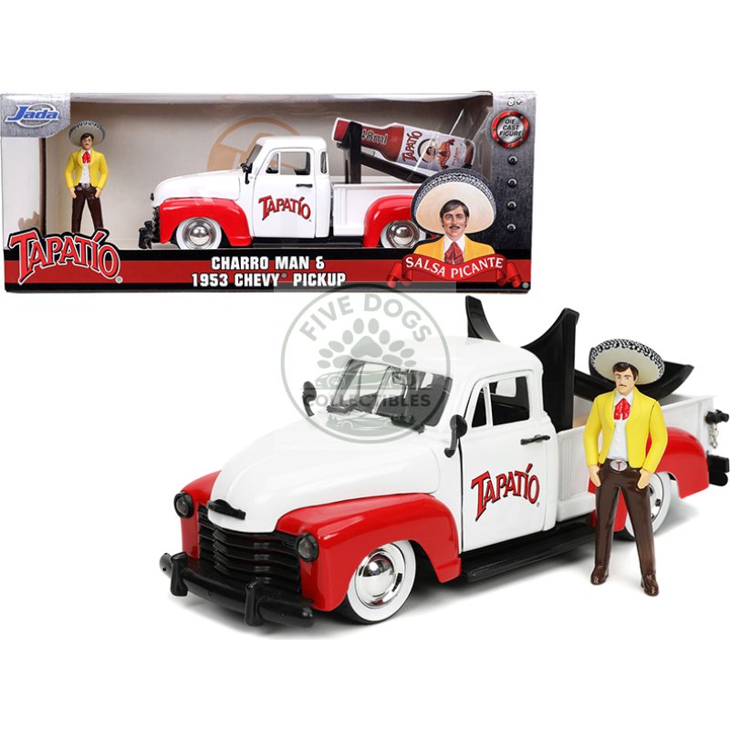 1953 chevrolet pickup truck white and red with charro man diecast figurine "tapatio" 1/24 diecast model car by jada