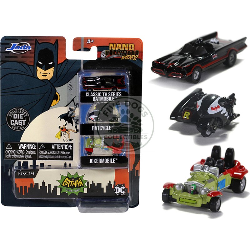 "batman" (1966 1968) classic tv series 3 piece set "nano hollywood rides" diecast models by jada