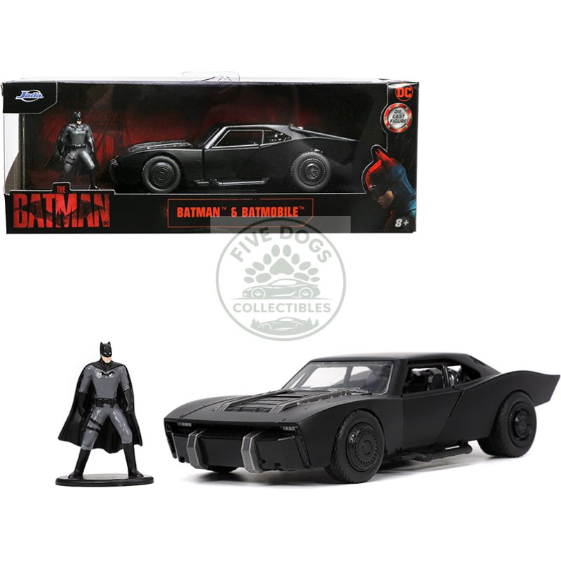 batmobile matt black with batman diecast figurine "the batman" (2022) movie "dc comics" 1/32 diecast model car by jada