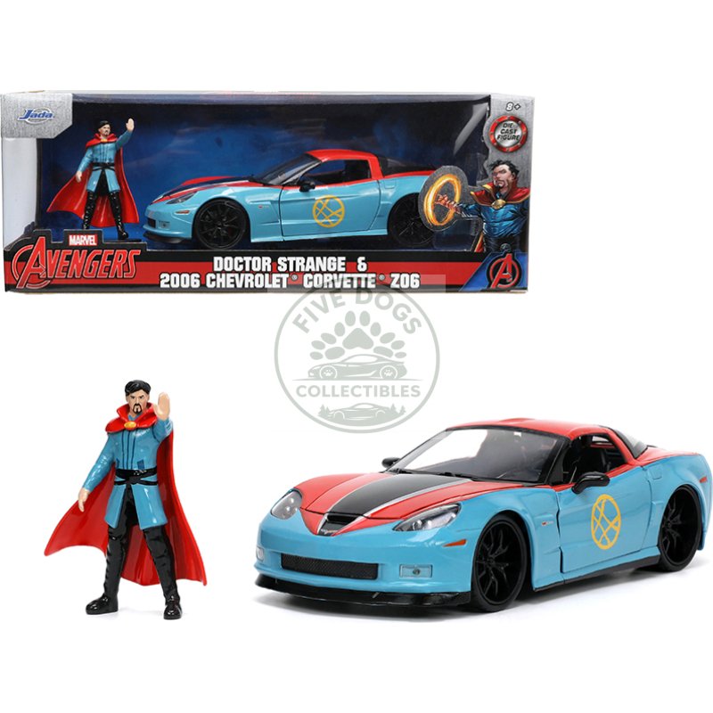 2006 chevrolet corvette z06 red and blue with doctor strange diecast figurine "avengers" "marvel" series "hollywood rides" 1/24 diecast model car by jada