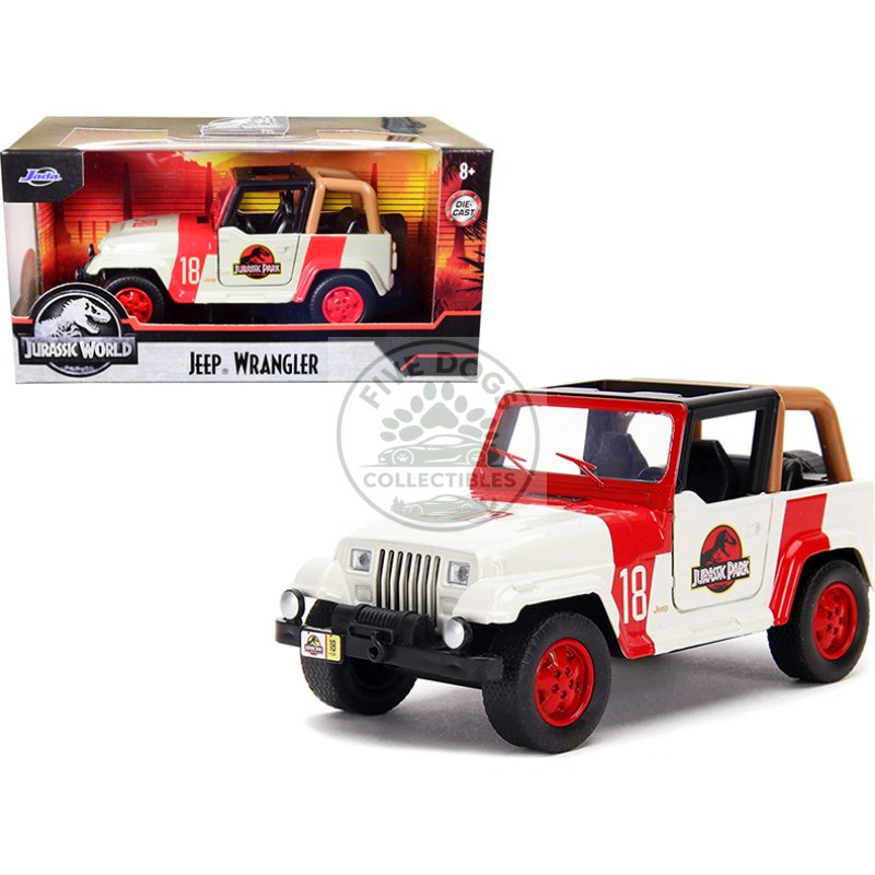 jeep wrangler #18 "jurassic park" red and beige "jurassic world" 1/32 diecast model car by jada