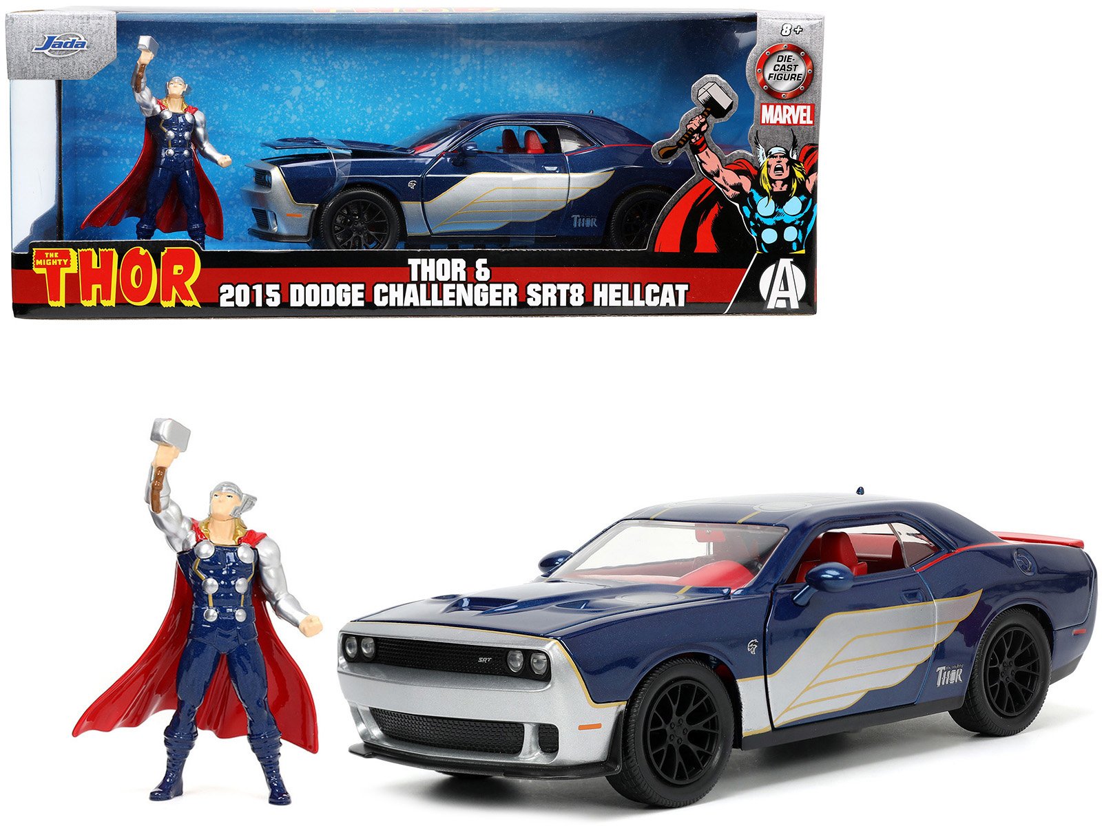 2015 dodge challenger srt hellcat dark blue with graphics and red interior and thor diecast figure "the mighty thor" "marvel" series 1/24 diecast model car by jada 2015 dodge challenger srt hellcat dark blue with graphics and red interior and thor diecast figure "the mighty thor" "marvel" series 1/24 diecast model car by jada