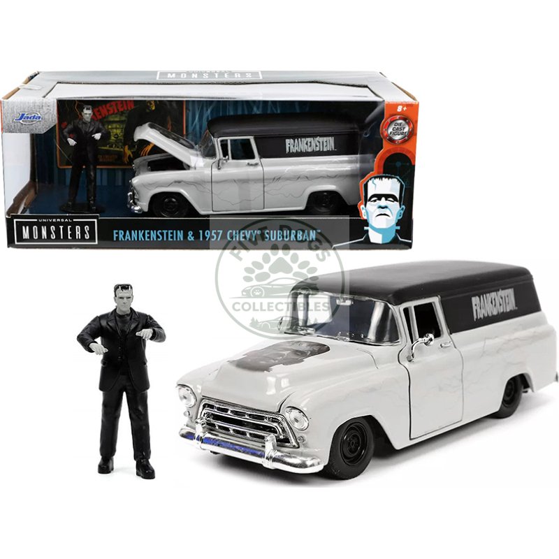 1957 chevrolet suburban gray and black with graphics and frankenstein diecast figurine "universal monsters" "hollywood rides" series 1/24 diecast model car by jada