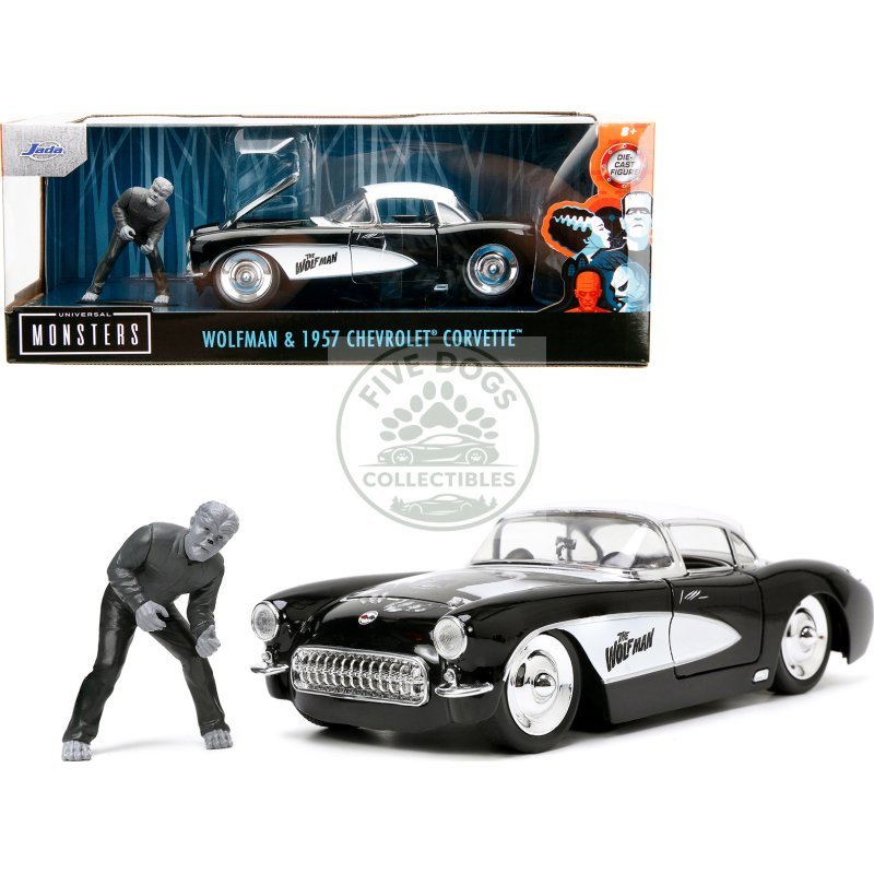 1957 chevrolet corvette black with white top and wolfman diecast figure "universal monsters" "hollywood rides" series 1/24 diecast model car by jada