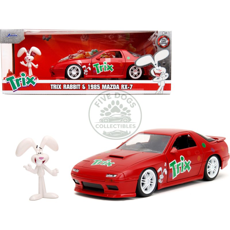 1985 mazda rx 7 rhd (right hand drive) red with graphics and trix rabbit diecast figure "trix cereal" "hollywood rides" series 1/24 diecast model car by jada
