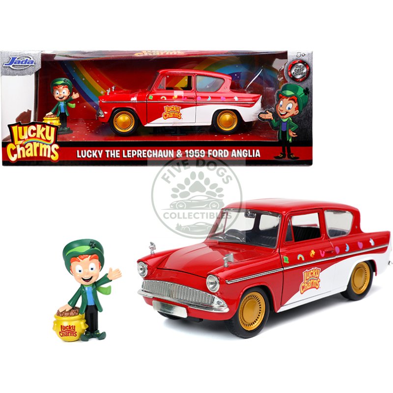 1959 ford anglia red and white with lucky the leprechaun diecast figurine "lucky charms" 1/24 diecast model car by jada