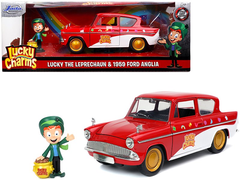 1959 ford anglia red and white with lucky the leprechaun diecast figurine "lucky charms" 1/24 diecast model car by jada 1959 ford anglia red and white with lucky the leprechaun diecast figurine "lucky charms" 1/24 diecast model car by jada