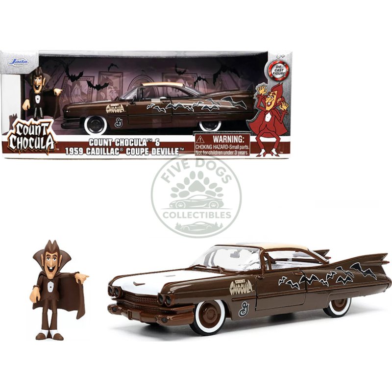 1959 cadillac coupe deville brown and white with graphics and count chocula diecast figurine "hollywood rides" series 1/24 diecast model car by jada
