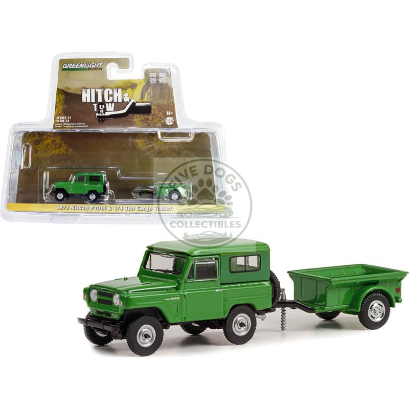 1972 nissan patrol green with 1/4 ton cargo trailer "hitch & tow" series 25 1/64 diecast model car by greenlight